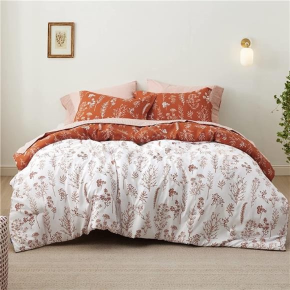 Queen or Twin Comforter Set - Terracotta Comforter, Cute Floral Sets 3 Pieces - Picture 2 of 6